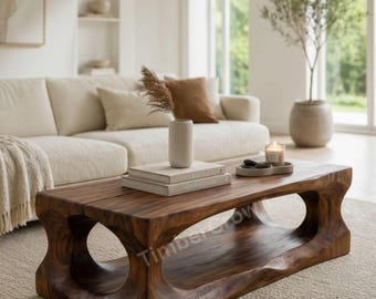 Solid Wood Sculptural Coffee Table, Organic Carved Living Room Center Table