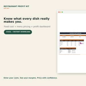 May include: A digital Restaurant Profit Kit spreadsheet template featuring the text: Know what every dish really makes you. Food cost + menu pricing + profit dashboard. EXCEL + INSTANT DOWNLOAD. Enter your costs. See your margins. Price with confidence.