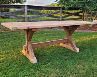 Reclaimed Pine Beam Farmhouse Trestle Table, Unfinished