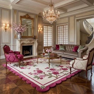 May include: A formal living room featuring a large cream-colored area rug with a pink floral pattern and a scalloped edge. The room includes a tufted beige sofa, a magenta armchair, a cream armchair, a glass coffee table, and a crystal chandelier.