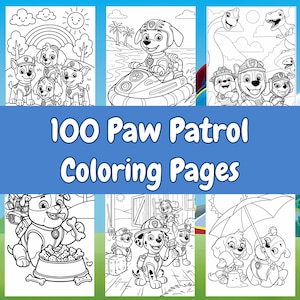 Peut inclure: Un ensemble de 100 pages de coloriage Paw Patrol présentant des illustrations en noir et blanc de divers personnages de la série, incluant des scènes avec des chiens, des dinosaures et des décors extérieurs, sur un fond bleu.