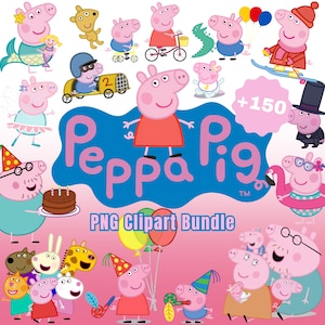 May include: A digital collection of Peppa Pig character illustrations featuring various poses and outfits, including Peppa in a red dress, a blue logo with the text Peppa Pig, and the text PNG Clipart Bundle, plus a pink badge stating +150.
