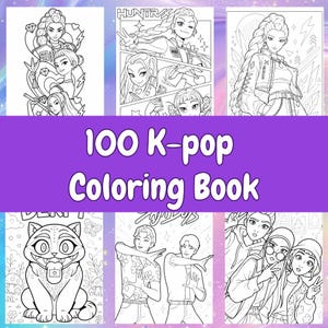 May include: A 100 K-pop Colouring Book featuring black and white line art illustrations of various characters, including stylised performers in trendy outfits, a cat with a patterned coat, and groups of individuals posing with hand gestures.