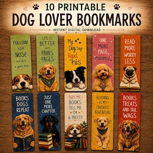 Könnte beinhalten: Ein Set aus zehn rechteckigen, druckbaren Lesezeichen mit verschiedenen Hunderassen und literarischen Zitaten. Jedes Lesezeichen zeigt eine einzigartige Hundeillustration, darunter Golden Retriever, ein Mops und ein Pudel, zusammen mit Texten wie Read More Worry Less.