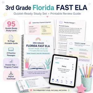 May include: A 3rd Grade Florida FAST ELA study set including a spiral-bound printable review guide, 95 digital Quizlet-ready study cards, two practice passages, an answer key, and a progress tracker. The materials feature colorful icons, text, and illustrations of books, pencils, and plants.