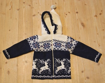 1-2 T Kids PURE WOOL cardigan with hood Baby wool sweater Reindeer Hooded boys winter cardigan Scandinavian pattern Toddlers wool sweater