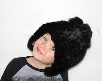 Kids rabbit fur hat SIZE 55 pom pom hat Vintage toddlers real fur hat with pom poms in superb condition Warm winter hat