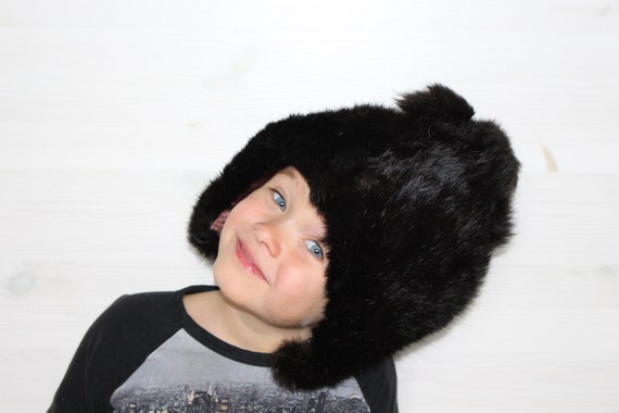 Kids rabbit fur hat SIZE 55 pom pom hat Vintage t… - image 1
