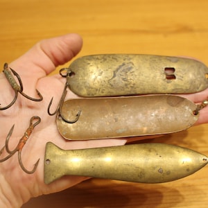 LARGE handmade BRASS and copper lures Vintage handmde fishing lures Spoonbait Three prong fishing lure Trolling spoon Vintage bait