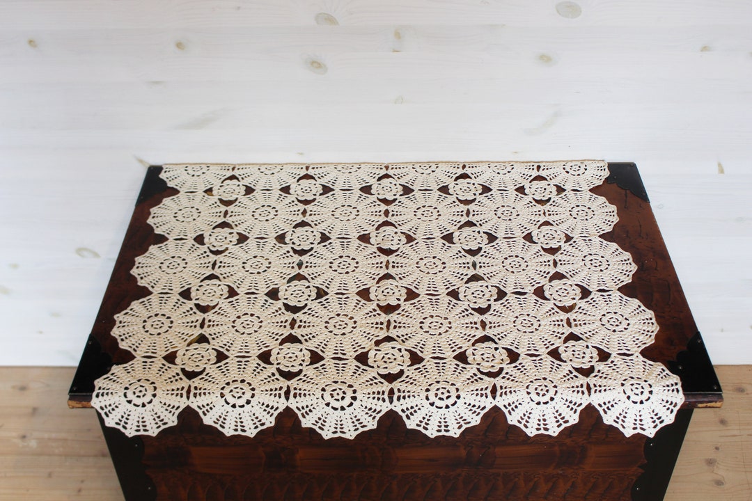 Vintage Large Table Runner Thick Hand Crochet Table Topper Hand Crochet