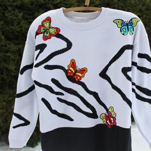 80s Escada by Margaretha Ley Sweater Jumper Butterfly Chunky Slouchy Funky sweater oversized  Black and white