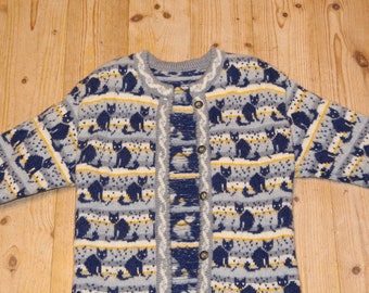 6-7 Boys wool cardigan Pure wool kids cardigan sweater Cat pattern Thick and warm kids cardigan Light blue kitty cat sweater