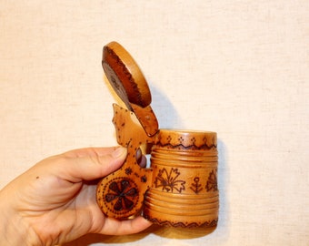 Wooden beer tankard embossed wood Small beer stein Wood beer jug Estonian folk art Wooden stein Vintage tankard Lidded beer stein