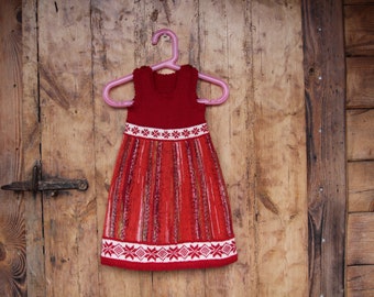 3-4 yrs Handknit wool dress Estonian folk dress Red Christmas dress Hand knitted baby dress Snowflake pattern