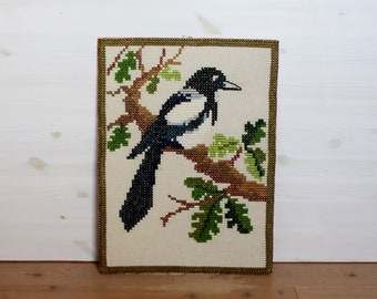 Magpie wall art LARGE Cross stitched vintage wall decor Handmade wall hanging Bird wall art Magpie bird European magpie European magpie