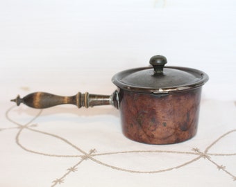 Small lidded copper pot Copper pot with a lid wood handle Vintage copperware Copper ladle