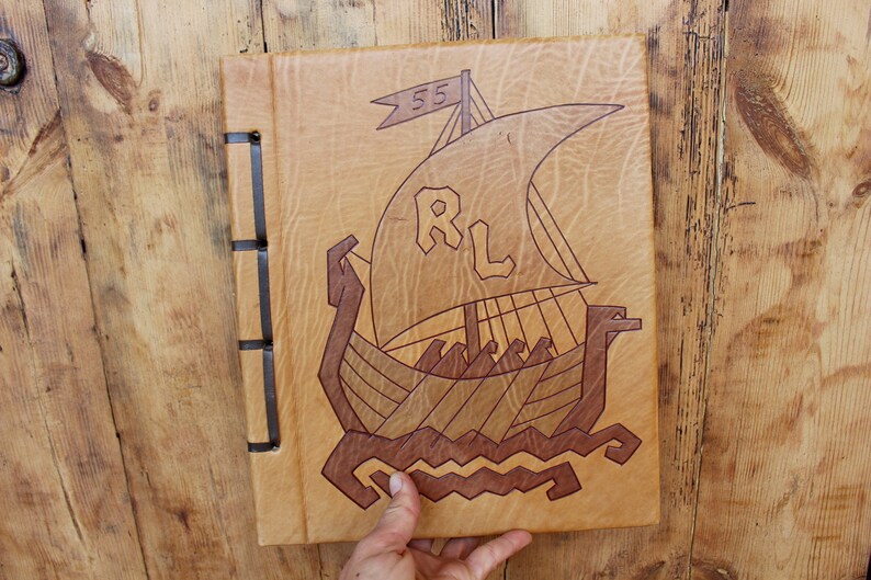 NOS Vintage viking ship Photo album Handmade genuine leather photo album Vintage scrapbook Vikings Estonia Estonian