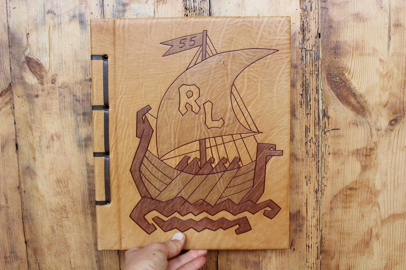NOS Vintage viking ship Photo album Handmade genuine leather photo album Vintage scrapbook Vikings Estonia Estonian