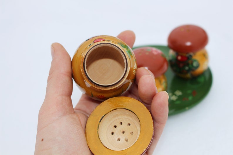 Mushroom salt and pepper shakers set Boletus Mushroom figurine Handpainted salt pepper shakers Wooden kitchen decor Colorful wood containers