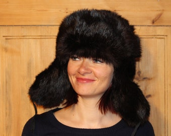 Rabbit fur hat Fur hat Real fur hat with ear flaps Unisex fur hat Warm winter hat Soviet vintage Trapper hat Ushanka Black fur hat