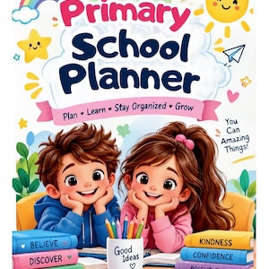 May include: A Primary School Planner book cover featuring a cartoon boy and girl, a rainbow, a sun, and text reading Primary School Planner, Plan, Learn, Stay Organized, Grow, You Can Amazing Things, Believe, Discover, Succeed, Kindness, Confidence, Bright Future, and Good Ideas.