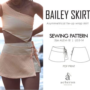 May include: Bailey Skirt asymmetrical tie-up wrap skirt sewing pattern PDF print. The pattern includes sizes US 0-14 and AUS 4-18. The image displays a peach-colored wrap skirt with a tie-up side closure and a matching one-shoulder top.