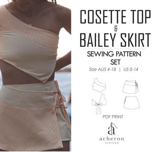 May include: A Cosette Top and Bailey Skirt sewing pattern set by Acheron Designs. The set includes a one-shoulder top and a wrap skirt with side ties, available in sizes US 0-14 and AUS 4-18. The image displays the finished garments in light peach.