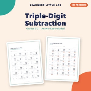 May include: Educational maths worksheet set titled Learners Little Lab Triple-Digit Subtraction for grades 2-3. Includes 180 problems and an answer key. The pages feature columns of three-digit subtraction equations with black text on white paper.
