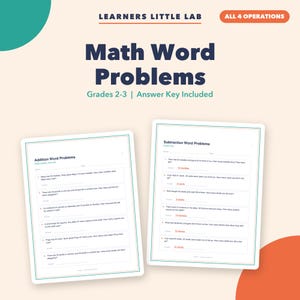 May include: Educational math worksheet set titled Learners Little Lab Math Word Problems Grades 2-3. Includes two pages with Addition Word Problems and Subtraction Word Problems, featuring numbered questions, blank lines for answers, and an answer key.