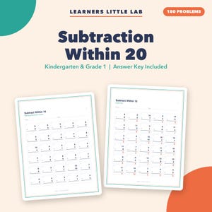 May include: Educational math worksheet set titled Learners Little Lab Subtraction Within 20 for Kindergarten and Grade 1. Includes 180 problems and an answer key. Two pages are displayed showing subtraction equations within 10 and within 15.