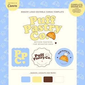Puede incluir: Una plantilla de diseño de logotipo de panadería con el texto Puff Pastry Co. en una fuente amarilla redondeada y una ilustración de croissant. Incluye variaciones de logotipo circulares y festoneadas, una paleta de colores y un patrón de fondo azul.