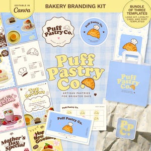 Puede incluir: Un kit de branding para panadería con el texto Puff Pastry Co. Artisan Pastries for Brighter Days. El kit incluye plantillas editables de Canva para logotipos, tarjetas de fidelidad y publicaciones con un croissant animado.