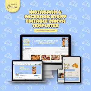 Puede incluir: Un conjunto de cuatro plantillas editables de Canva para historias de Instagram y Facebook, con un fondo azul claro y motivos blancos de cruasanes y gorros de chef. Se muestra un monitor de ordenador, un portátil, una tableta y un smartphone.