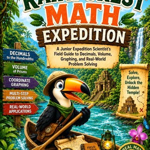 May include: A Grade 5 educational book cover titled Rainforest Math Expedition. It features a toucan in a wooden boat with a paddle, a lantern, and field notes. The background shows a jungle, waterfall, and temple. Text includes Math Adventure Series and Every Problem Solved Brings You Closer.