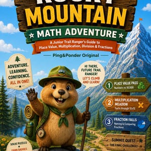 May include: A Grade 3 Rocky Mountain Math Adventure educational book cover featuring a cartoon groundhog wearing a green ranger hat and backpack. The text includes titles, learning objectives, and a wooden signpost pointing to math activities.