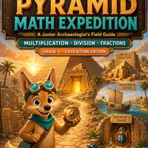 May include: A Pyramid Math Expedition educational book cover featuring a cartoon fox wearing goggles and a scarf, holding a compass. The title reads Ping & Ponder Math Adventures, Pyramid Math Expedition, A Junior Archaeologist's Field Guide, Multiplication, Division, Fractions, Grade 5, Expedition Edition, and Ping & Ponder Original.