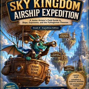 以下が含まれることがあります： Sky Kingdom Airship Expedition, A Junior Aviator's Field Guide to Slope, Exponents, and the Pythagorean Theoremというタイトルの本の表紙。飛行船に乗ったターコイズブルーのドラゴン、浮かぶ島々、そしてLearn. Solve. Soar.などのテキストが描かれています。