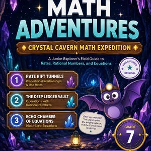 May include: A purple and blue educational poster titled Ping & Ponder Math Adventures: Crystal Cavern Math Expedition. It features a cartoon bat, three numbered sections for maths topics, a grade 7 badge, and text about rates and equations.