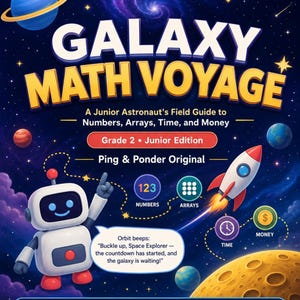 May include: A book cover titled Galaxy Math Voyage, A Junior Astronaut's Field Guide to Numbers, Arrays, Time, and Money, Grade 2 Junior Edition. It features a white robot, a rocket, planets, and stars against a dark blue space background.