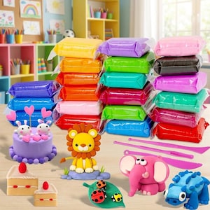 May include: A collection of modeling clay in various colors packaged in clear plastic, alongside clay figures including a purple cake with two rabbits, a yellow lion, a pink elephant, a blue dinosaur, two cake slices, and a green leaf with ladybugs.