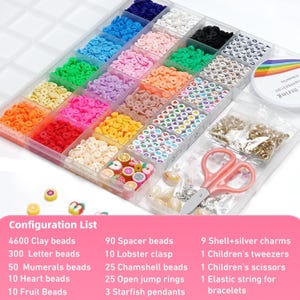 May include: A clear plastic organizer box filled with multi-colored flat clay beads, letter beads, number beads, fruit-shaped beads, gold-tone charms, and a spool of elastic string. Includes a pair of pink scissors and a list of contents.