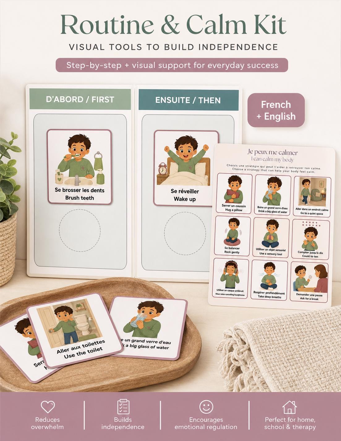 Bilingual Autism Visual Schedule, French-English Routine Cards (132 PDF)