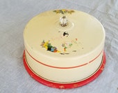 Vintage Metal Cake Server Wood Base Plate Red Kitchen Spanish Fiesta Decals Cake Carrier Stand