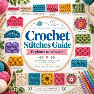 May include: A Crochet Stitches Guide book cover featuring the title in blue text, surrounded by various colourful crochet stitch samples including shell, puff, popcorn, and granny square patterns, with metal crochet hooks in the corner.