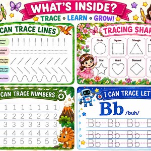 May include: An educational activity sheet titled WHAT'S INSIDE? TRACE LEARN GROW featuring four sections: I CAN TRACE LINES with a green dinosaur, TRACING SHAPES with a fairy, I CAN TRACE NUMBERS with dinosaurs, and I CAN TRACE LETTERS with robots.