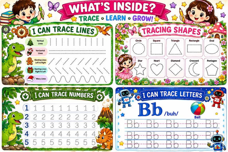 May include: An educational activity sheet titled WHAT'S INSIDE? TRACE LEARN GROW featuring four sections: I CAN TRACE LINES with a green dinosaur, TRACING SHAPES with a fairy, I CAN TRACE NUMBERS with dinosaurs, and I CAN TRACE LETTERS with robots.
