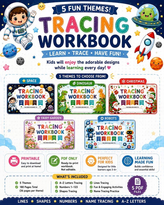 Kids Tracing Workbook Bundle | 5 Themes | Printable PDF | 180 PAGES