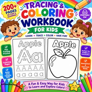 May include: A tracing and colouring workbook for kids featuring a colourful cover with illustrations of two children, a rainbow, and pencils. The text reads Tracing & Coloring Workbook For Kids, 200+ Pages Of Fun & Learning, and Learn Trace Color Have Fun.
