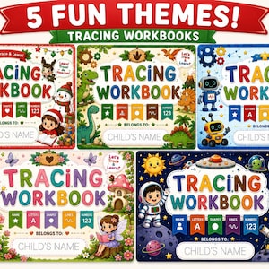 May include: Five rectangular tracing workbooks featuring colourful themes including Christmas, dinosaurs, robots, fairies, and space. Each cover displays the text TRACING WORKBOOK, a section labelled BELONGS TO: CHILD'S NAME, and icons for name, letters, shapes, lines, and numbers.