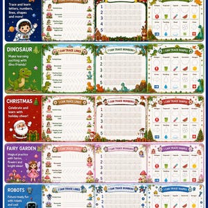 May include: A multi-page educational tracing workbook featuring five themes: space, dinosaurs, Christmas, fairy garden, and robots. Each section includes practice sheets for lines, numbers, and shapes with colourful illustrations and clear text labels.